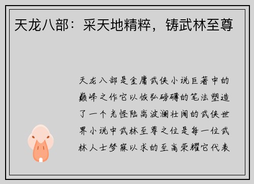 天龙八部：采天地精粹，铸武林至尊