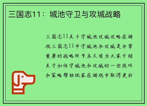 三国志11：城池守卫与攻城战略