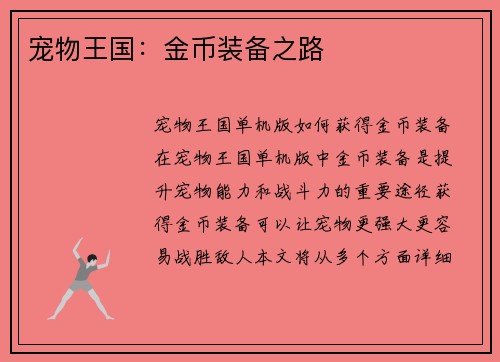 宠物王国：金币装备之路
